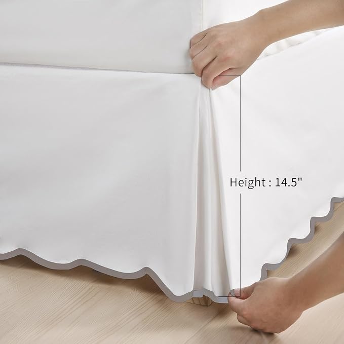 HIG Chic 14'' Twin BedSkirts Scallop Edge Pleated Dust Ruffle | Easy Fit, Anti-Slip, Thick Fabric for Enhanced Privacy, Pre-Washed for Long-Lasting Use, Off White/Light Gray