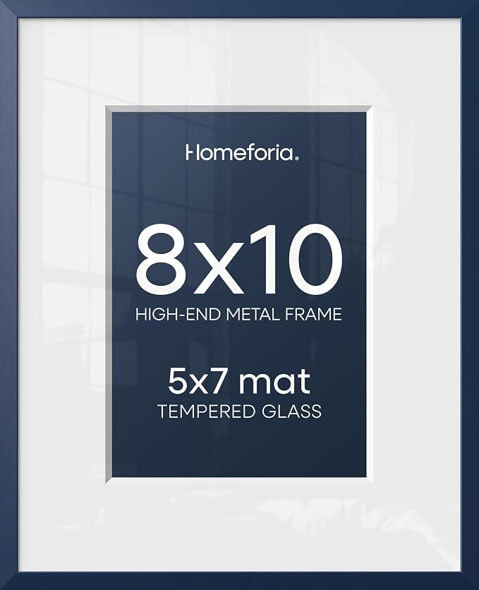 Homeforia 8x10 Blue Picture Frame, High-End Metal, 5x7 Mat, Glass