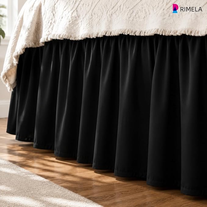 Black Bed Skirt King Size 15 Inch Drop, Elastic Wrap Around Bedskirt | Solid Ruffled, Easy to Use, No Mattress Lifting, Wrinkle & Fade Resistant, with Adhesive Strips, Machine Wash/Dry/Iron