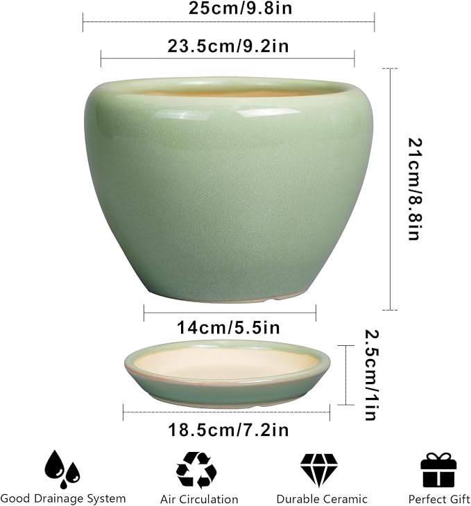 Ceramicfor Ceramic Planter Pot, 10 Inch Plant Pot, Reactive Green | Decorative Planter with Drainage Hole and Saucer, Large Round Flower Pot for Indoor Plants, Garden Decor