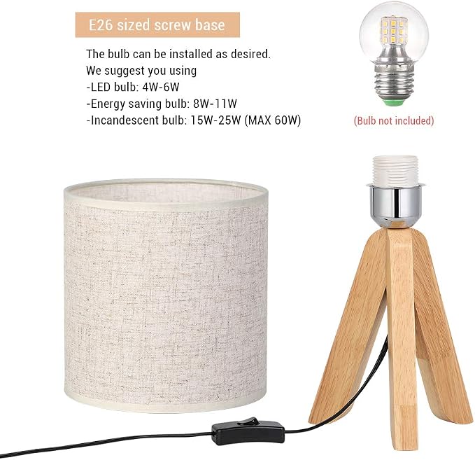 HAITRAL Small Bedside Table Lamp - Wooden Tripod Nightstand Lamp