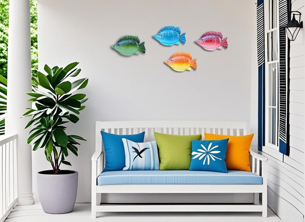 ShabbyDecor Coastal Ocean Sea Metal Fish Hanging Wall Art Decor for Living Room Bedroom Bathroom Guest Room Pool Wall Decor set of 4
