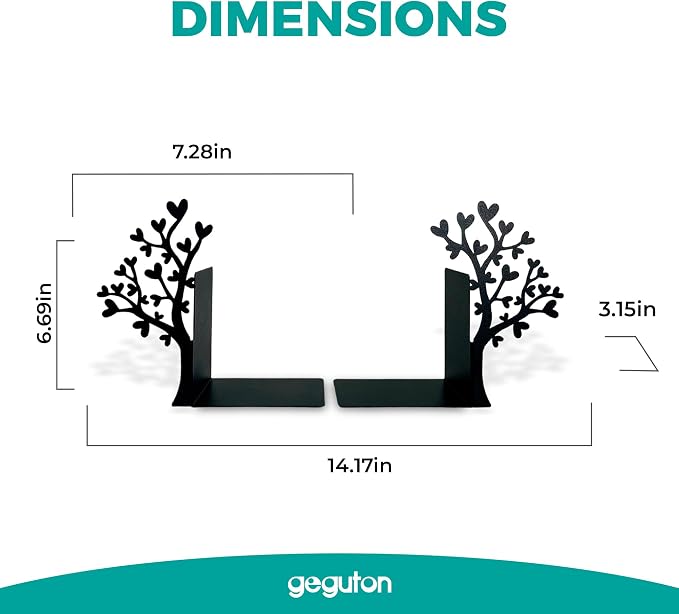 Tree Bookends with Heart-Shaped Leaves - Steel with Epoxy Coating and Wood Base - Decorative Pair of Book Holders for Shelves and Desk - Black – Geguton
