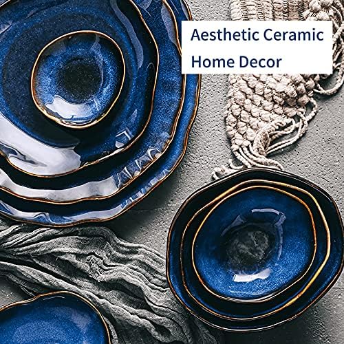 10 Inch Ceramic Decorative Plate, Blue Reactive Glaze Shallow Dish