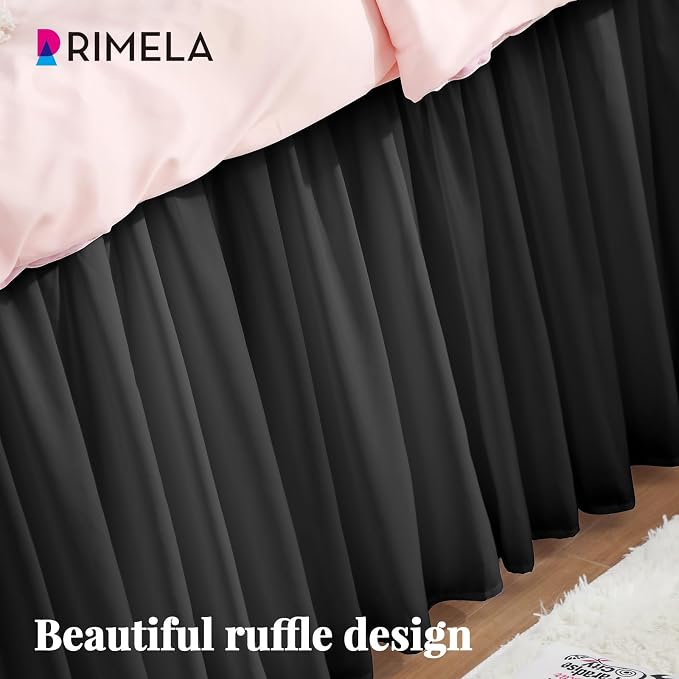 Dorm Bed Skirt Twin XL 25" Drop, College Dorm Room Essentials, Black | Solid ruffled, Wrap-around/elastic, Wrinkle & Fade resistant, with Adhesive Strips, Gift Packed, Machine Wash/Tumble Dry/Iron