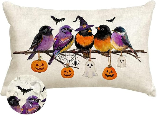 RABUSOFA Halloween Pillow Covers 12x20 Inch Halloween Decorations Outdoor | Watercolor Birds,Waterproof,Spooky Ghost Pumpkin Bat Halloween Decor,Supplies Accessories for Home Couch Party Patio