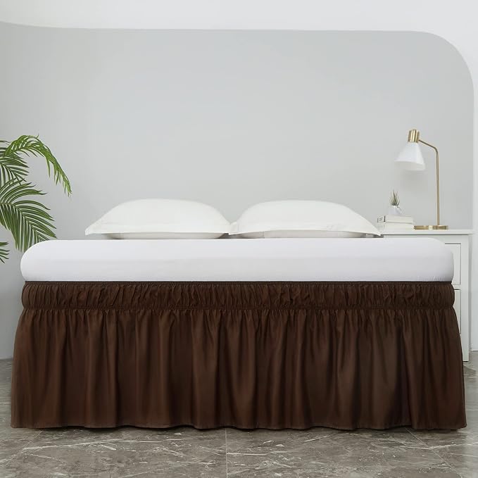 MEILA Wrap Around Elastic Bed Skirt for Queen & King Beds, 18" Drop,Brown | Three-Side Adjustable Elastic Dust Ruffle, Ruffled Polyester Fabric, Easy to Install, Fade Resistant & Machine Washable