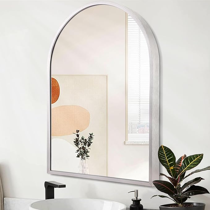 Arched Bathroom Mirror, Silver Metal Frame Wall Mounted Mirror Vanity Wall Mirror for Bedroom Entryway Living Room Vanity 26"x18"