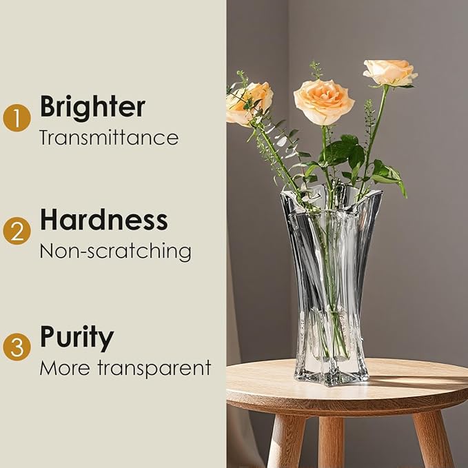 Crystal Glass Vase – Heavy Crystal Vase for Flowers with Weighted Bottom, Thick Durable Decorative Vases for Modern Home Decor, 9.8″ 3.5lb Clear Centerpiece (Smoke Gray)