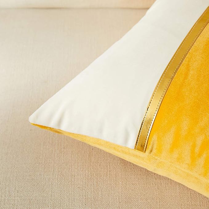 Fancy Homi 2 Packs Yellow Decorative Throw Pillow Covers 18x18 Inch for Living Room Couch Bed, Yellow and White Velvet Patchwork with Gold Leather, Luxury Modern Accent Square Cushion Case 45x45 cm