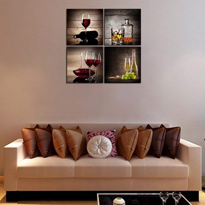 Wieco Art Red Wine Cups Large Modern 4 Panels Gallery Wrapped Abstract Giclee Canvas Prints Artwork Contemporary Vintage Pictures Paintings on Canvas Wall Art for Living Room Home Decor