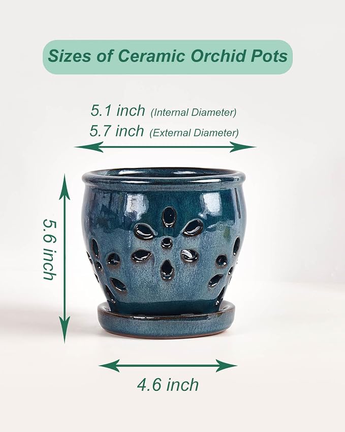 vensovo 5 Inch Ceramic Orchid Pot with Holes and Saucer, Blue