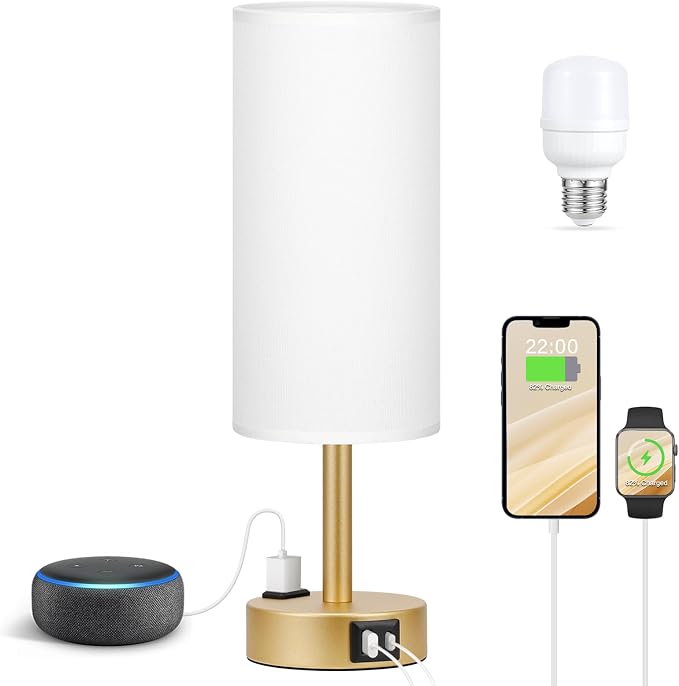 Fenmzee Gold Bedside Lamp for Bedroom, Dimmable Touch, USB A+C, AC Outlet