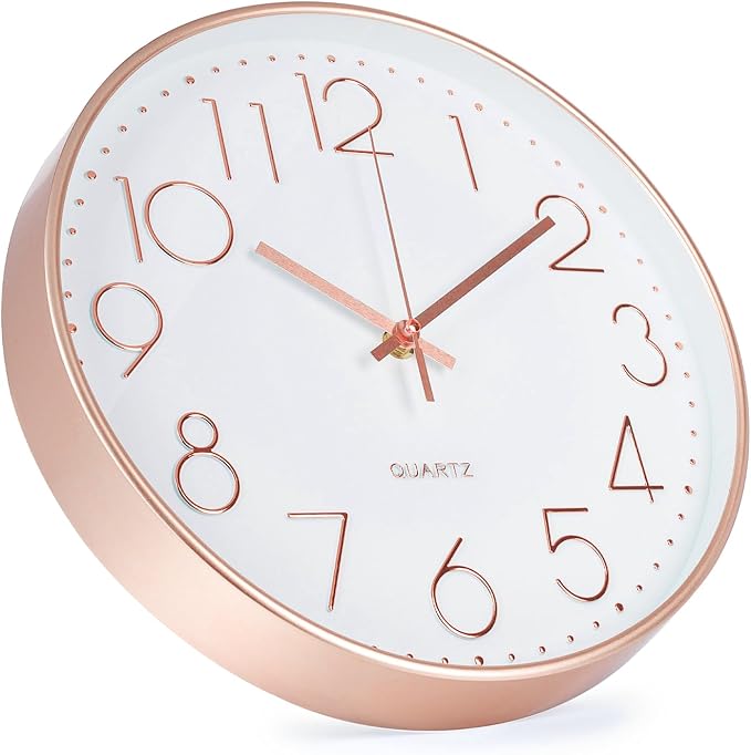 Wall Clock 12 Inch Non-Ticking Silent Modern Simple Style Round Decor Clock Rose Gold Stereoscopic Dial Quartz Wall Clocks for Home/Office/School/Living Room/Bedroom/Kitchen