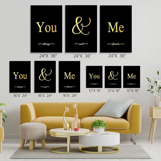 GUBIYU Black and Gold Bedroom Art Love Wall Decor - You and Me Word Canvas - Ideal Gift for Girls - Farmhouse Wall Art - 16"x24"