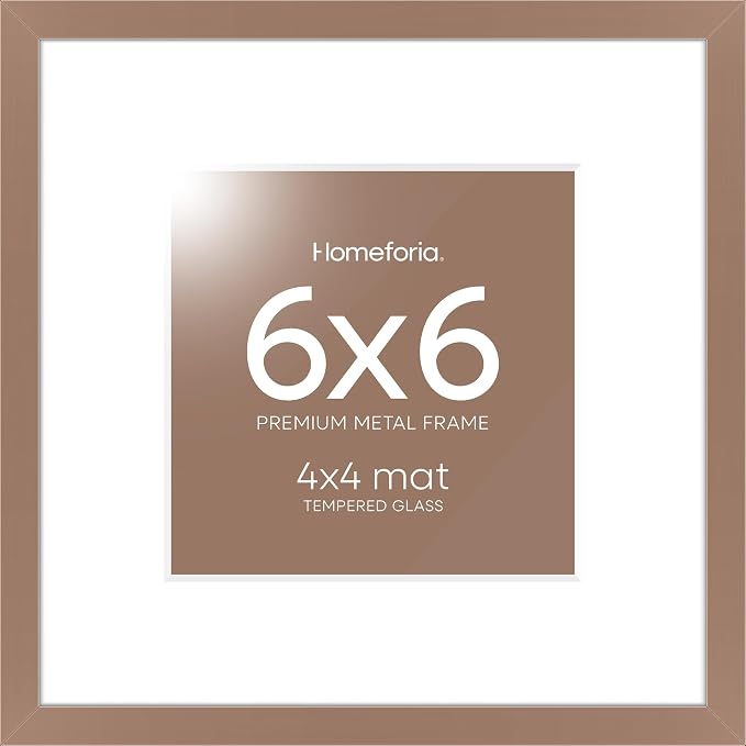 Homeforia 6x6 Mocha Picture Frame, High-End Metal, 4x4 Mat, Glass