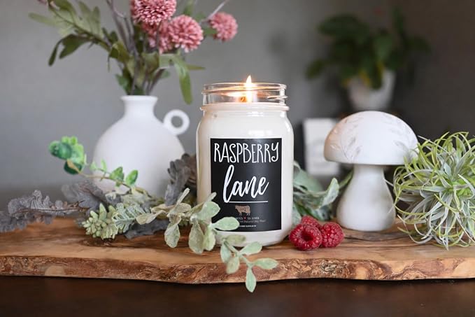 Milkhouse Raspberry Lane Soy Candle, 13 oz Mason Jar, 70+ Hr Burn