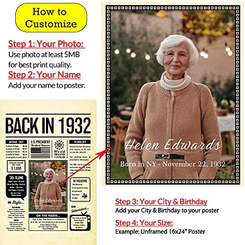 Personalized 93 year old birthday gifts - Back in 1932 Poster - Centerpiece Table Decorations 93rd Birthday Party - Custom Born in 1932 Newspaper Vintage Poster for Men, Women