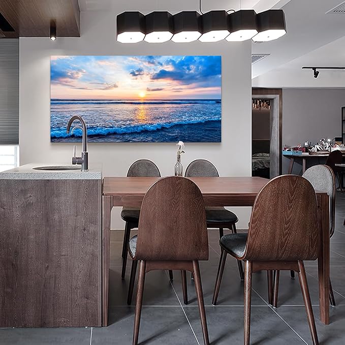 Wapluam Canvas Wall Art For Living Room Office Wall Decor Blue Beach Ocean Sea Waves Landscape Wall Painting Ready To Hang Bedroom Home Decorations Canvas Prints Posters Pictures Wall Mural Artwork