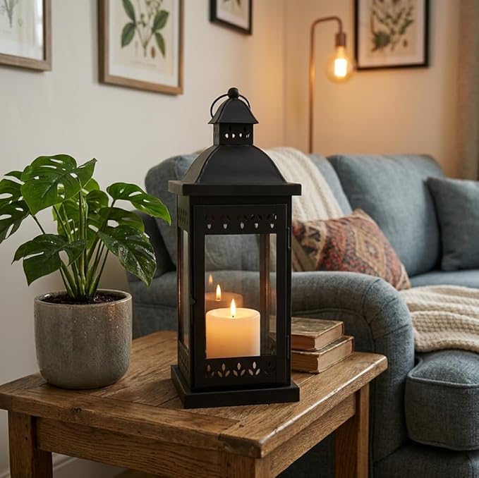 Hosley 15" Clear Glass Iron Lantern - Large Black Classic Style, Decorative Candle Holder for Weddings, Parties, Aromatherapy, Spa, LED Candles, Home Décor Gift