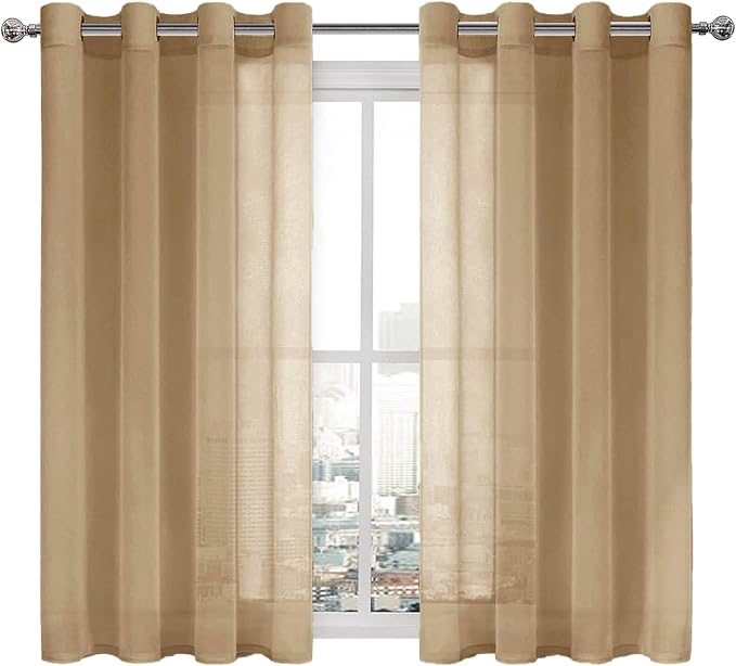DWCN Short Sheer Curtains, Faux Linen Voile Semi Sheer 45 Inches Long Grommet Top Window Curtains Drapes Treatment for Living Room Bedroom Farmhouse, Set of 2 Panels 52 x 45 Inches, Taupe