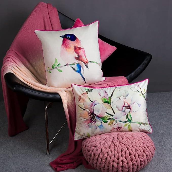 JWH Flower Print Throw Pillow Covers Decorative Velvet Accent Pillow Case Aesthetic Lumbar Cushion Floral Pillowcase for Couch Bed Bedroom Car Chair 14x20 Inch Hot Pink