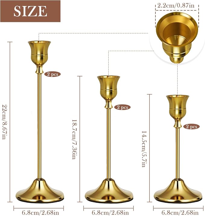 Gold Candlestick Holders Set of 6 Weighted Stable Base | Metal Taper Candle Holders in Brass, Vintage Modern Decorative Centerpiece for Weddings, Dining, Parties, Anniversary