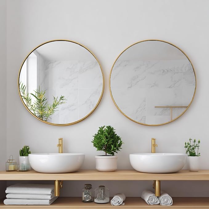 Gold Wall Mirror 28 inch, 2 Pack Round Mirro, Brushed Metal Frame | High Definition Mirror, Rust-resistant, Easy Installation, Circular Mirrors for Living room Bedroom, Entrance, Restroom
