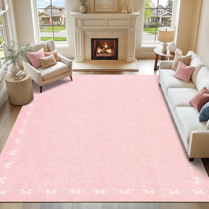 COZYLOOM 10x14 Bow Printed Rug for Bedroom, Large Solid Color Living Room Rug with Non Slip Backing, Stain Resistant Non Shedding Rugs Low Pile Modern Farmhouse Carpet for Bedroom, Dining Room, Pink