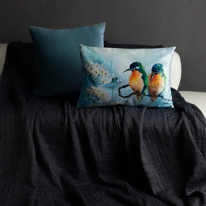 JWH Love Birds Throw Pillow Cover, Blue Green, 14x20 Inch | Velvet, Hummingbirds Flowers Print, Decorative Couch Bed Bedroom Car Chair Accent Pops
