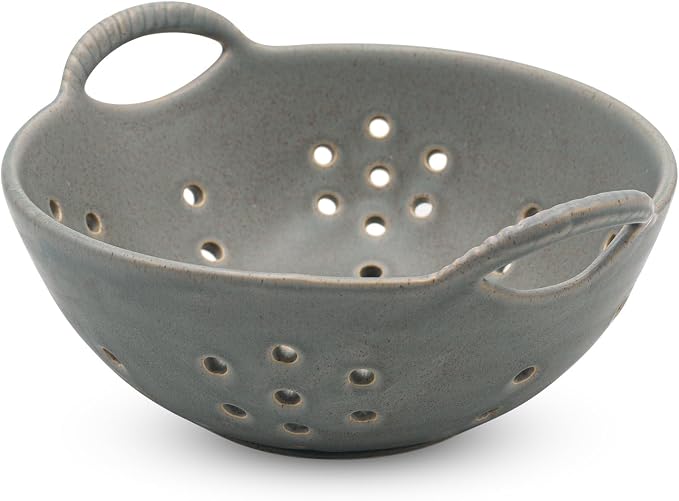 Matte Glaze Ceramic Berry Colander Bowl with Handles – 8.5" Handle-to-Handle × 8" Bowl Dia × 3.3" High – Rustic Stoneware Drain Bowl for Fruit, Berries, and Kitchen Decor (Sage Green)