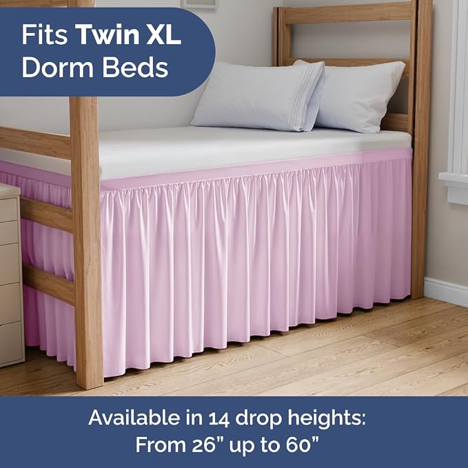 Dorm Room Bed Skirt Full XL - College Dorm Essentials - Light Pink, 30 Inch | Extra Long Dust Ruffled College Bedskirt with Split Corners, Easy Fit Elastic Strap, Adjustable, Fade & Wrinkle Free