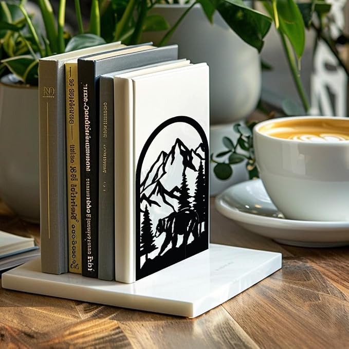 Peacoblue 5.3"x4.3"x7.9" Metal Bookends, Heavy Duty Book Ends for Shelves | Mountain and Forest with Bear Theme Cast Iron Book Supports, 1 Pair Decor Stoppers for Desk, Library, Office & Home Shelves