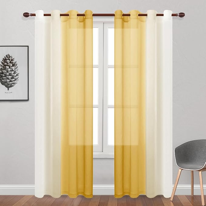 DWCN Ombre Sheer Curtains - 84 inches Faux Linen Semi Voile Gradient Light-Filtering Bedroom and Living Room Curtains, Set of 2 Grommet Top Window Drape Panels, 52 x 84 Inch Length, Mustard Yellow