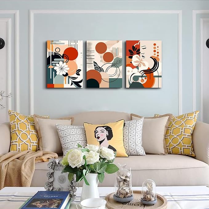 MHARTK66 Canvas Wall Art For Bedroom & Living Room - Boho & Vintage Flowers Wall Painting - Abstract Art - Ready To Hang - Framed Wall Pictures - 3 Panels