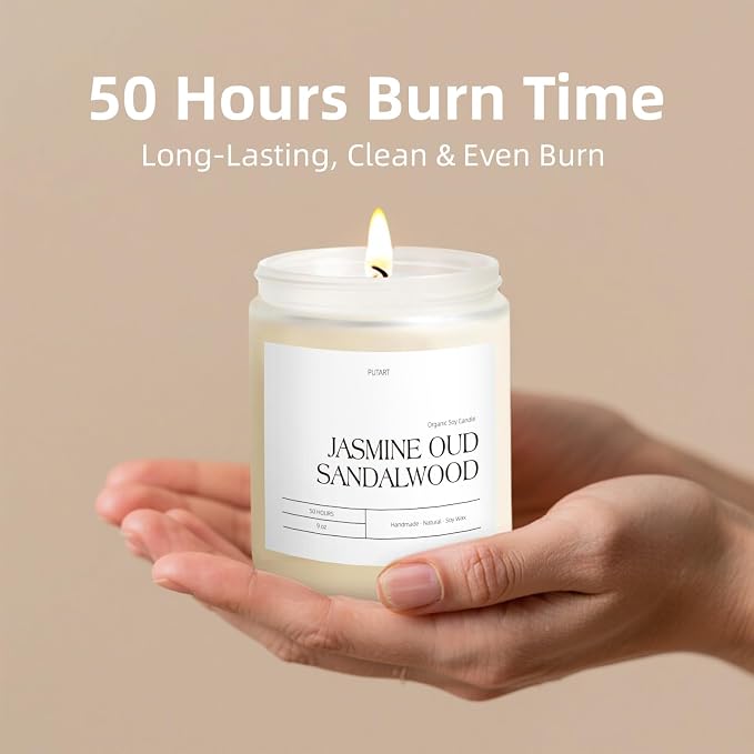 Jasmine, Oud & Sandalwood Scented Candles for Home, 9oz Soy Wax | Natural Aromatherapy Non Toxic Candle Gifts for Women Men, Home Fragrance Decoration Glass Jar Candle for Relaxation