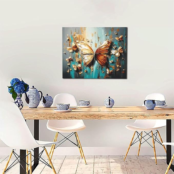 Crekviy Golden Butterfly Wall Art Vintage Butterfly Pictures Wall Decor Canvas Prints Painting Artwork Decoration Girls Gifts for Bathroom Bedroom Living Room Ready to Hang Framed 16"x20"