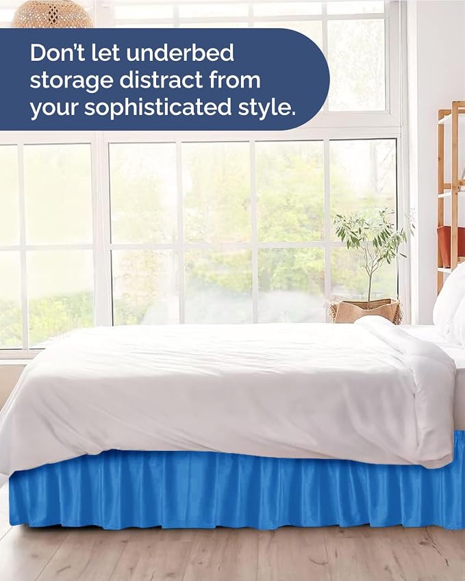 Wrap Around Dust Ruffle Bed Skirt - Royal Blue - for Queen Size Beds w/ 14 Inch Drop - Easy Fit Elastic Strap - Adjustable Pleated Bedskirt w/Brushed Fabric - Wrinkle Free - Women, Men, Kids & Teens