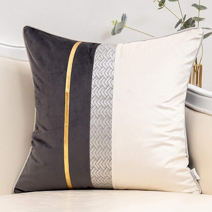 Yangest Dark Grey Patchwork Velvet Throw Pillow Cover with Gold Striped Leather Cushion Case Modern Luxury Pillowcase for Sofa Couch Bedroom Living Room Home Decor,18"x18"