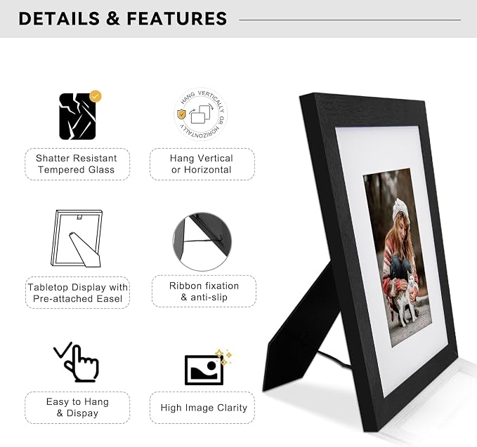 Boarding 8x10 Picture Frame-Black,5x7 Mat,Tempered Glass,Engineered Wood
