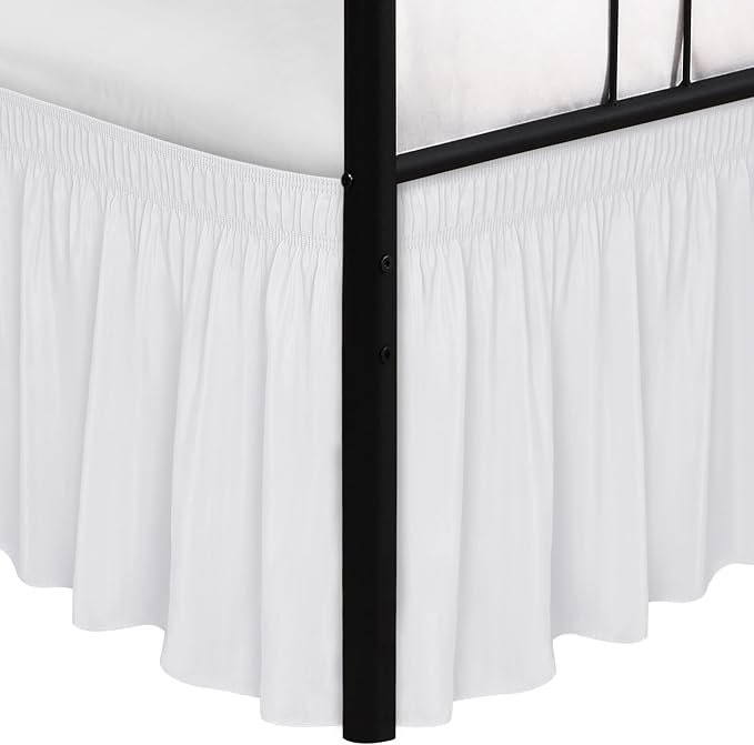 Wrap Around King Bed Skirt Split Corner 21" Drop-Elastic Long Dust Ruffle | White Adjustable Pleated Bedskirt-Easy Fit Wrinkle Resistant Washable Fabric Bed Skirting-Master Guest Bedroom Couples Hotels