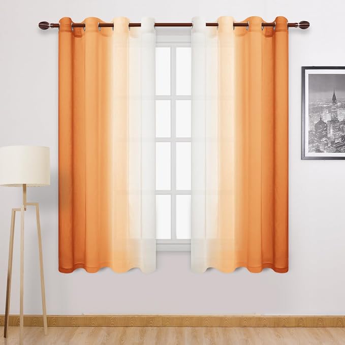DWCN Autumn Faux Linen Ombre Sheer Curtains - 63 inches Long Gradient Semi Voile Curtains for Bedroom and Living Room, Set of 2 Grommet Top Window Curtain Panels, W52 x L63 Inches, Sunset Orange
