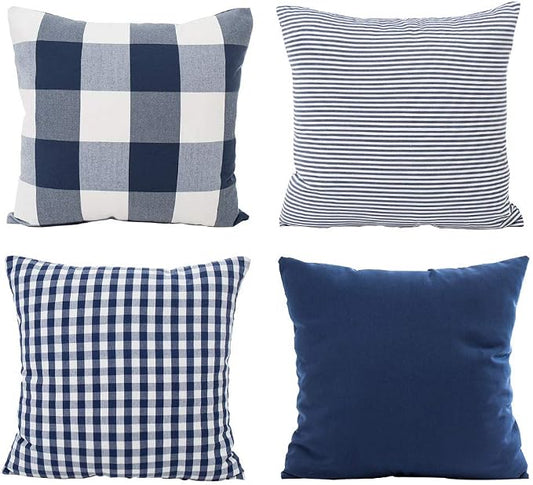 HOPLEE Christmas Pillow Covers 18x18 Nautical Blue and White Pillow Covers with Buffalo Plaid, Solid Navy Blue, Striped and Gingham Plaid Design 18x18 inch,4 Pack