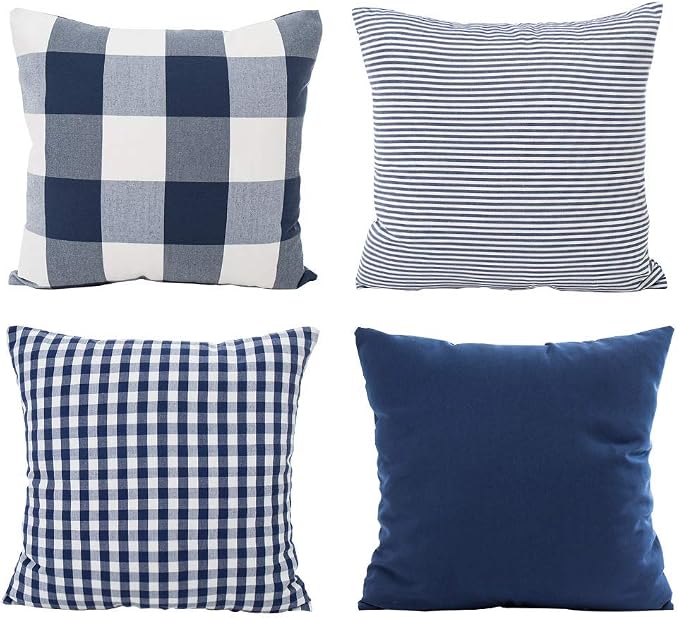 HOPLEE 20x20 Navy Blue Decorative Pillow Cover Set of 4 with Buffalo Plaid, Solid Navy, Tricking Stripe and Gingham Plaid Design
