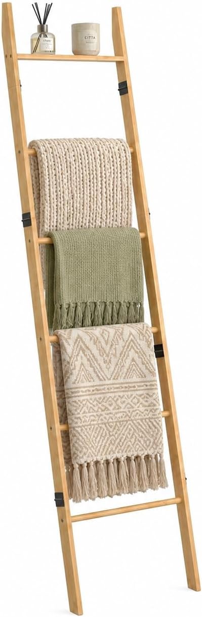 6 Tier Blanket Ladder with Shelf, Wooden Blanket Rack for Living Room, Leaning Towel Ladder Rack for Bedroom, Bathroom, Quilts, Throws, Towels and Farmhouse Décor