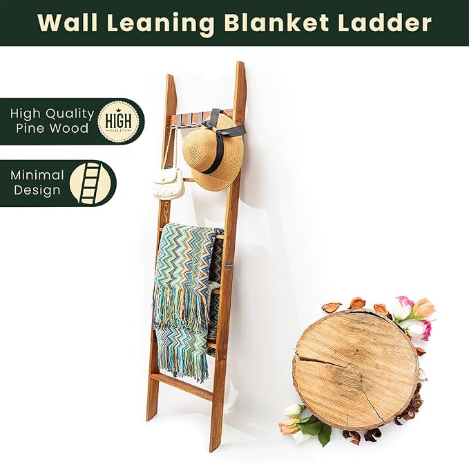 Wooden Blanket Ladder for Living Room 6-Tier, Decorative Ladder Blanket Rack & Quilt Ladder Decor, Rustic Farmhouse Wood Ladder with Removable Hooks, Anti-Slip Sturdy Blanket Holder, 68 Inch, Brown