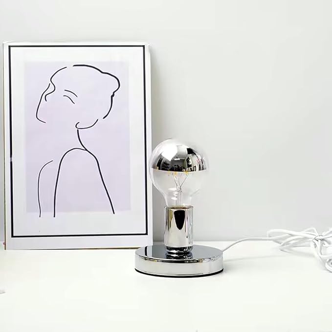 Simple Unique Lamp Base Only,Mini Bedside Table Lamp Bases,E26 Edison Light Bulb Stand Lamps for Small Spaces,Minimalist Desk Lamps Set w/ 5.8ft White Cord Switch Plug,No Bulb,Silver/Chrome,S