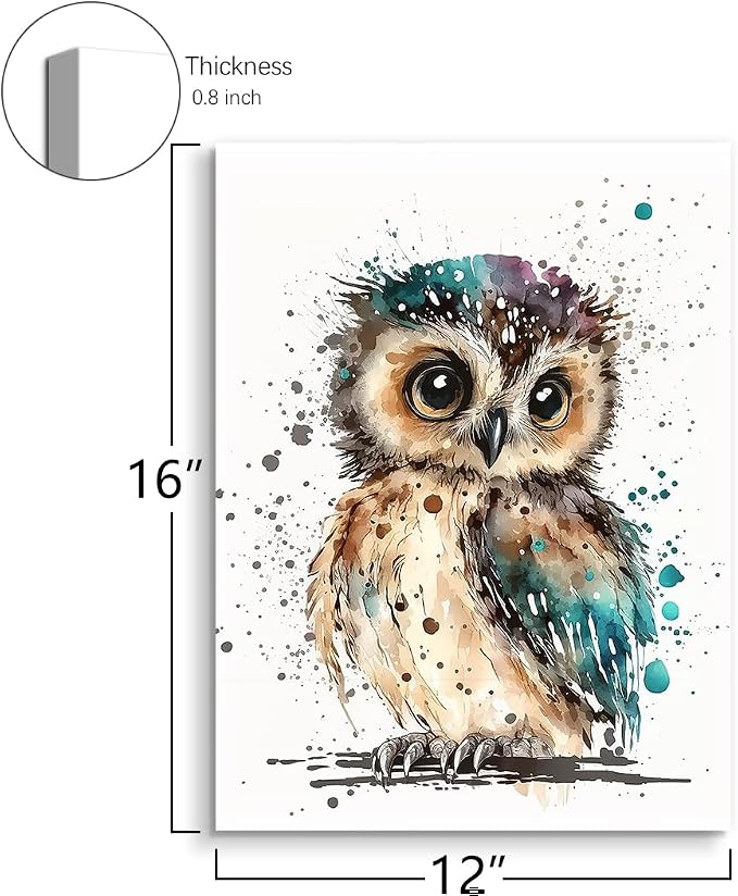 C8BUSIS Cute Owl Canvas Wall Art Watercolor Abstract Animal Prints Splash-ink Bird Pictures Modern Framed Artwork for Bedroom Living Room Kitchen Bathroom Office Farmhouse Wall Decor, 12"x16"