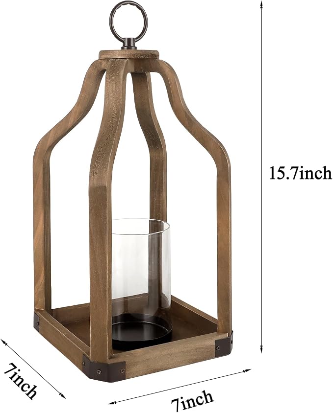 Rustic Wood Lantern Candle Holder for Farmhouse Decor | Indoor and Outdoor Table Centerpiece with Glass Hurricane, 15.7" High