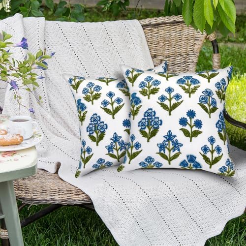 Alysheer Floral Block Embroidered Throw Pillow Cover 18"x18" Set of 2, Blue